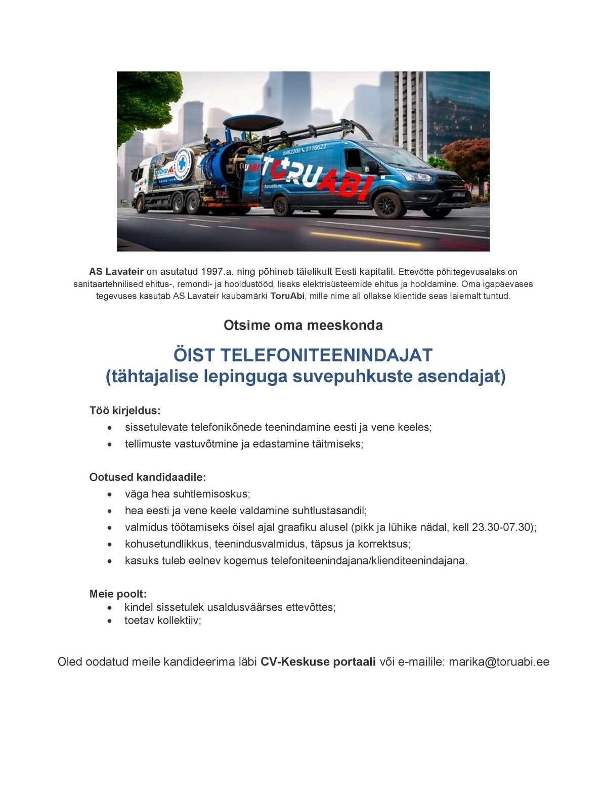 Lavateir AS Öine telefoniteenindaja (Tähtajaline, puhkuste asendaja)