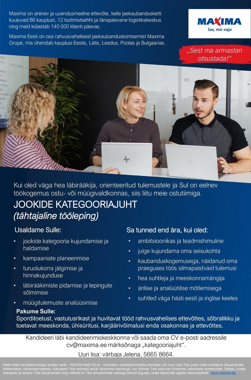 Maxima Eesti OÜ Jookide kategooriajuht (tähtajaline tööleping)