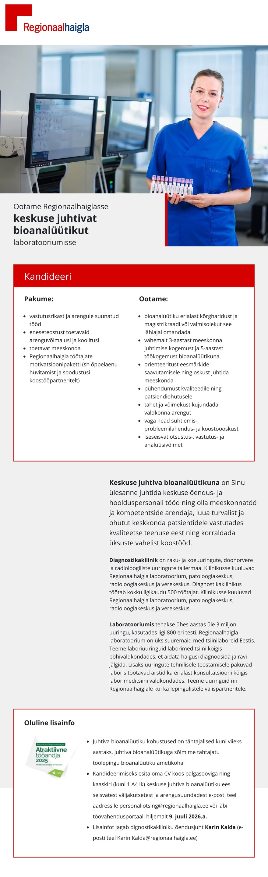 Põhja-Eesti Regionaalhaigla Juhtiv bioanalüütik laboratooriumisse
