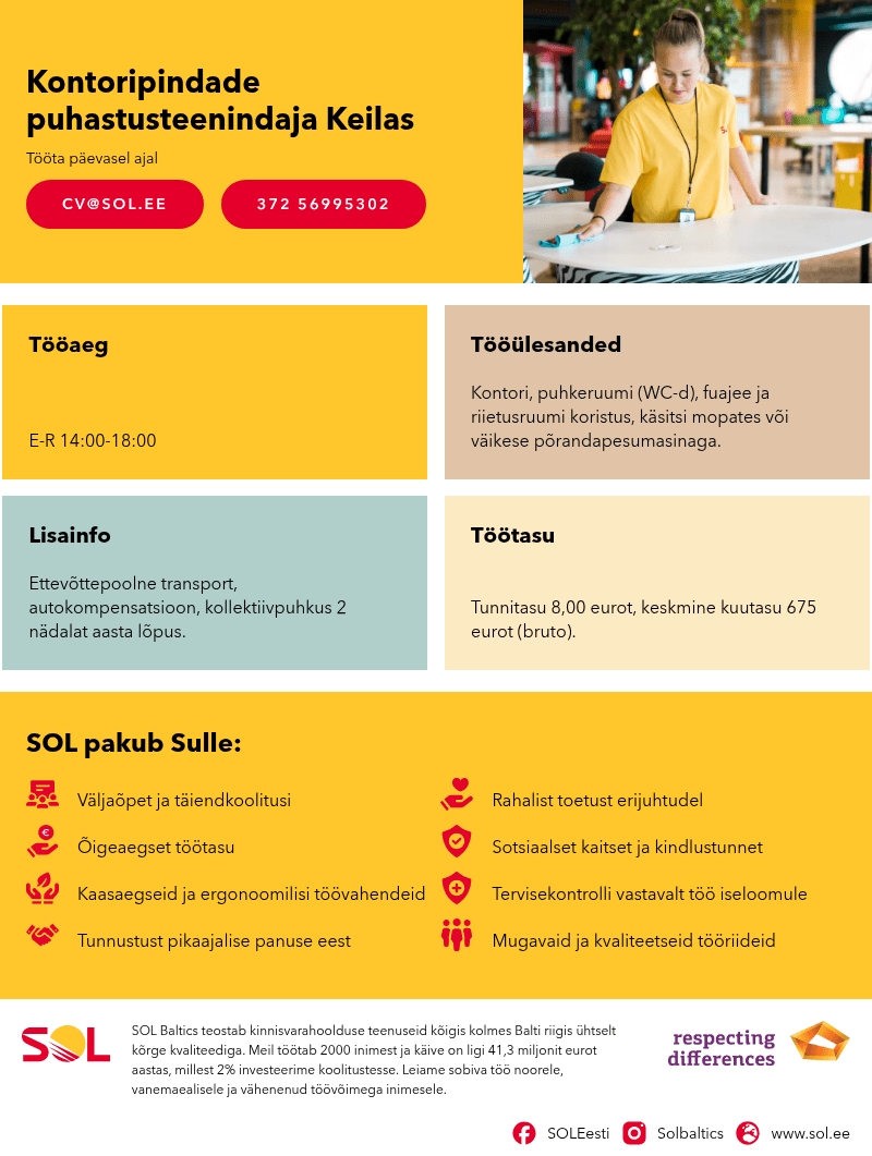 SOL Baltics OÜ Kontoripindade puhastusteenindaja Keilas