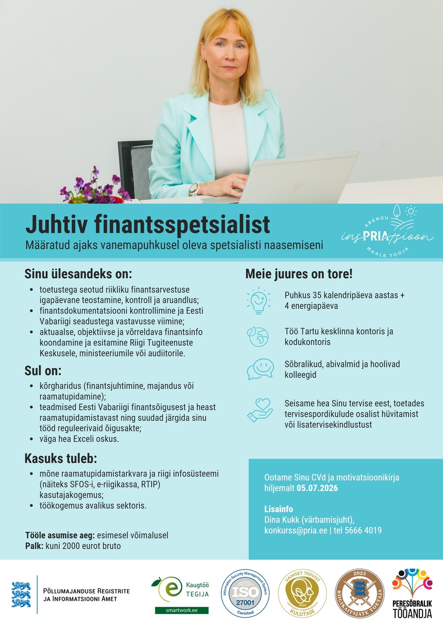 Põllumajanduse Registrite ja Informatsiooni Amet Juhtiv finantsspetsialist