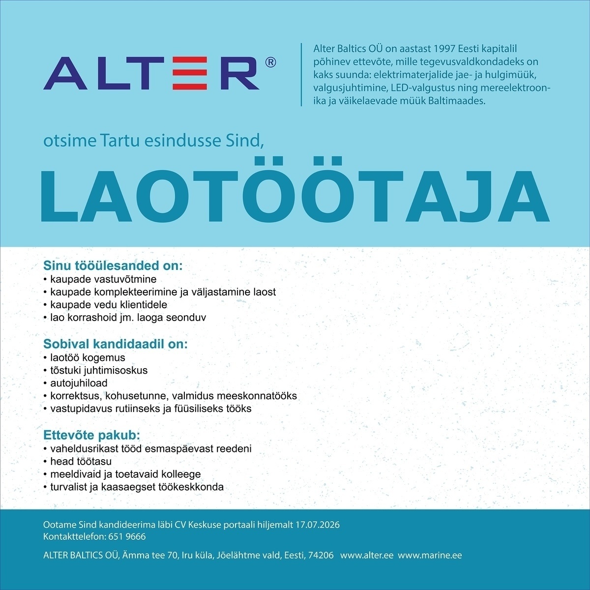 Alter Baltics OÜ Laotöötaja