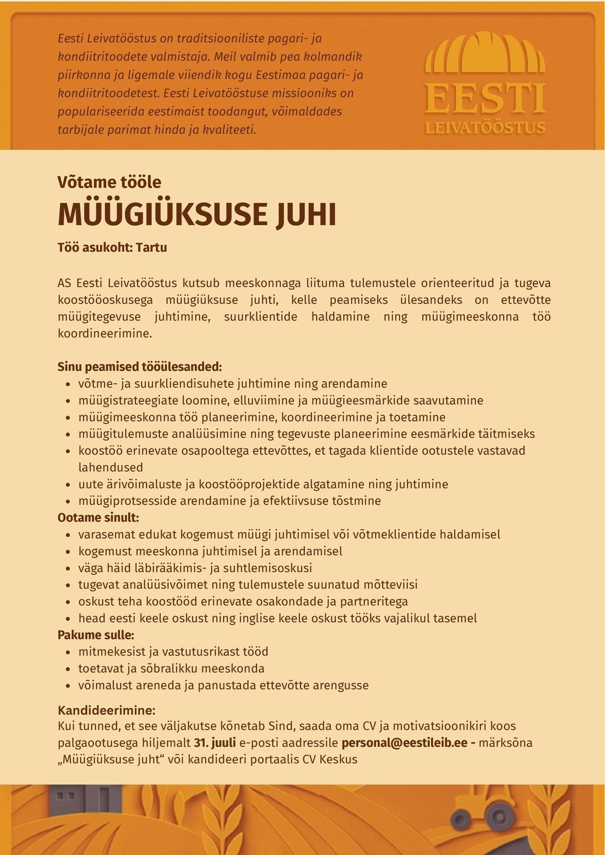 EESTI LEIVATÖÖSTUS AS MÜÜGIÜKSUSE JUHT