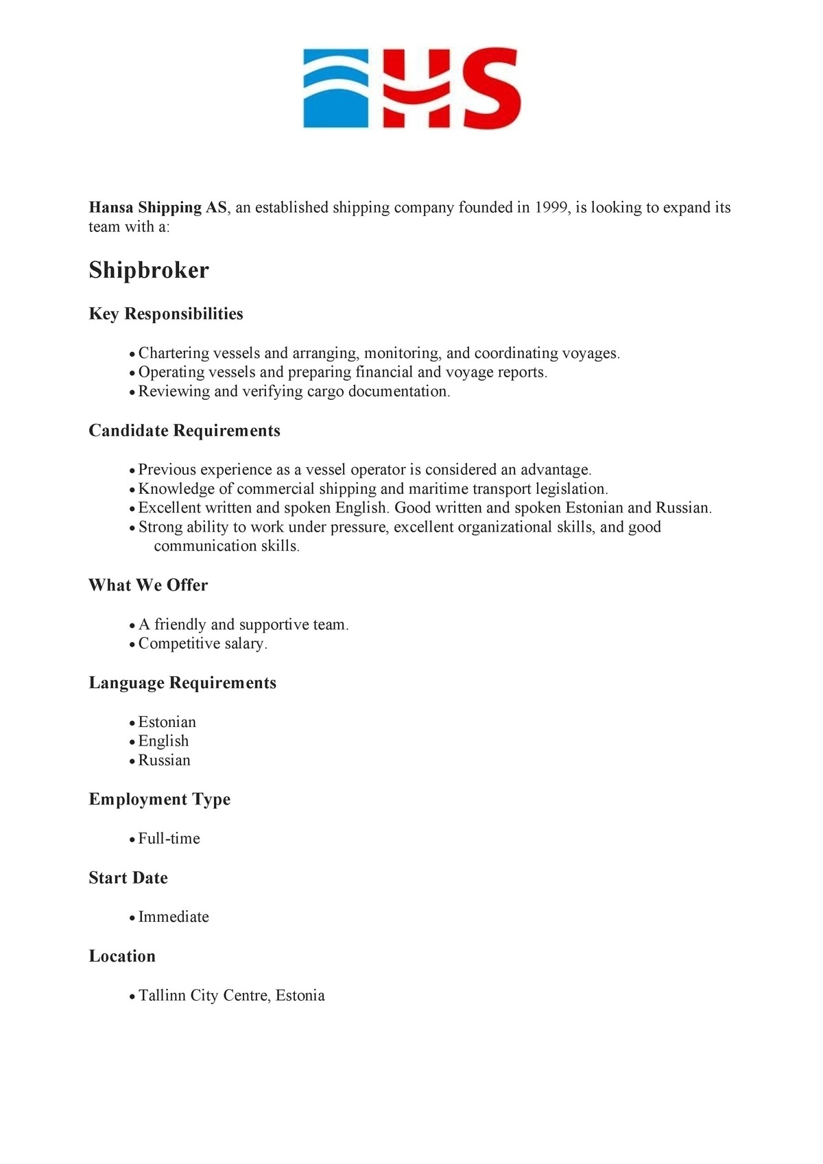 Hansa Shipping AS Shipbroker