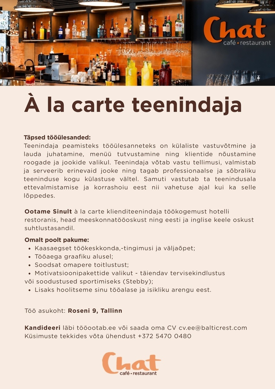 Baltic Restaurants Estonia AS Klienditeenindaja Chat café restorani!