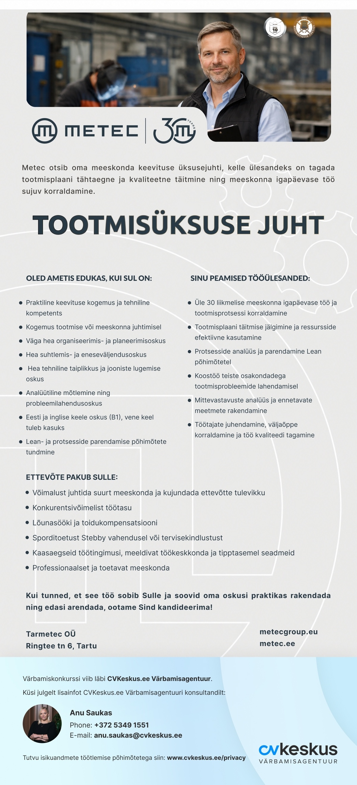 CVKeskus.ee Värbamisagentuur TOOTMISÜKSUSE JUHT