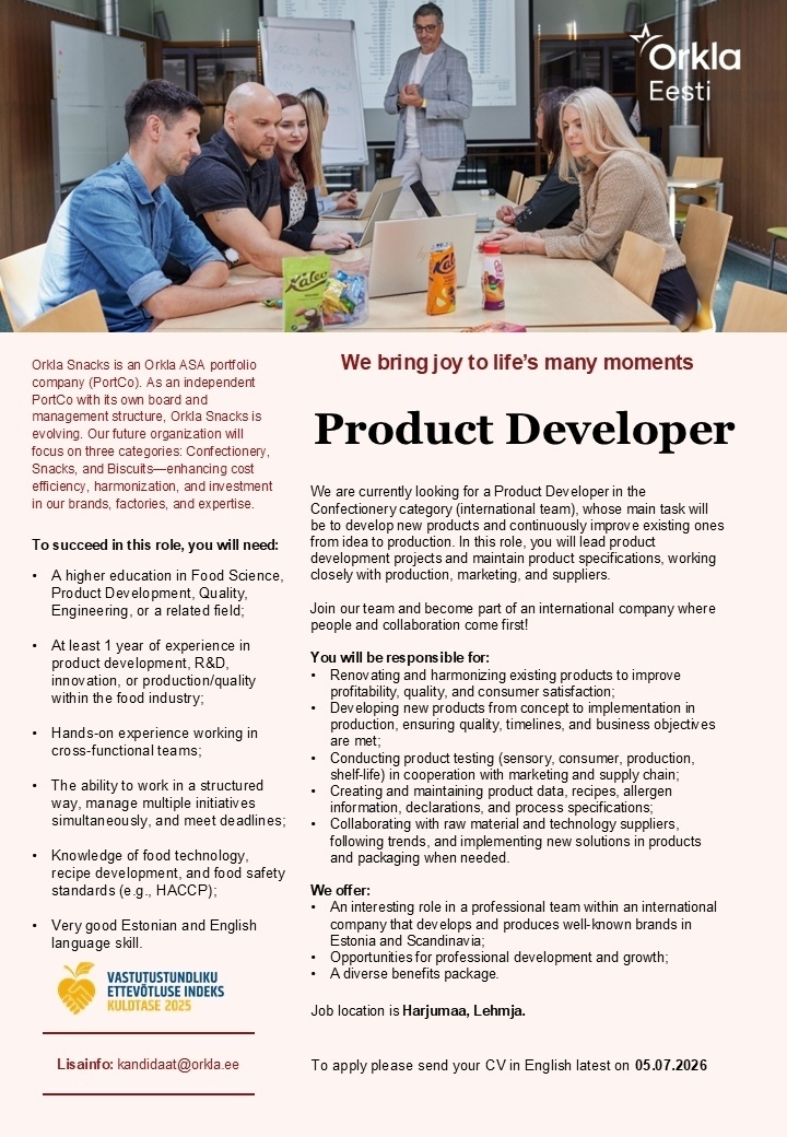 Orkla Eesti AS Product Developer