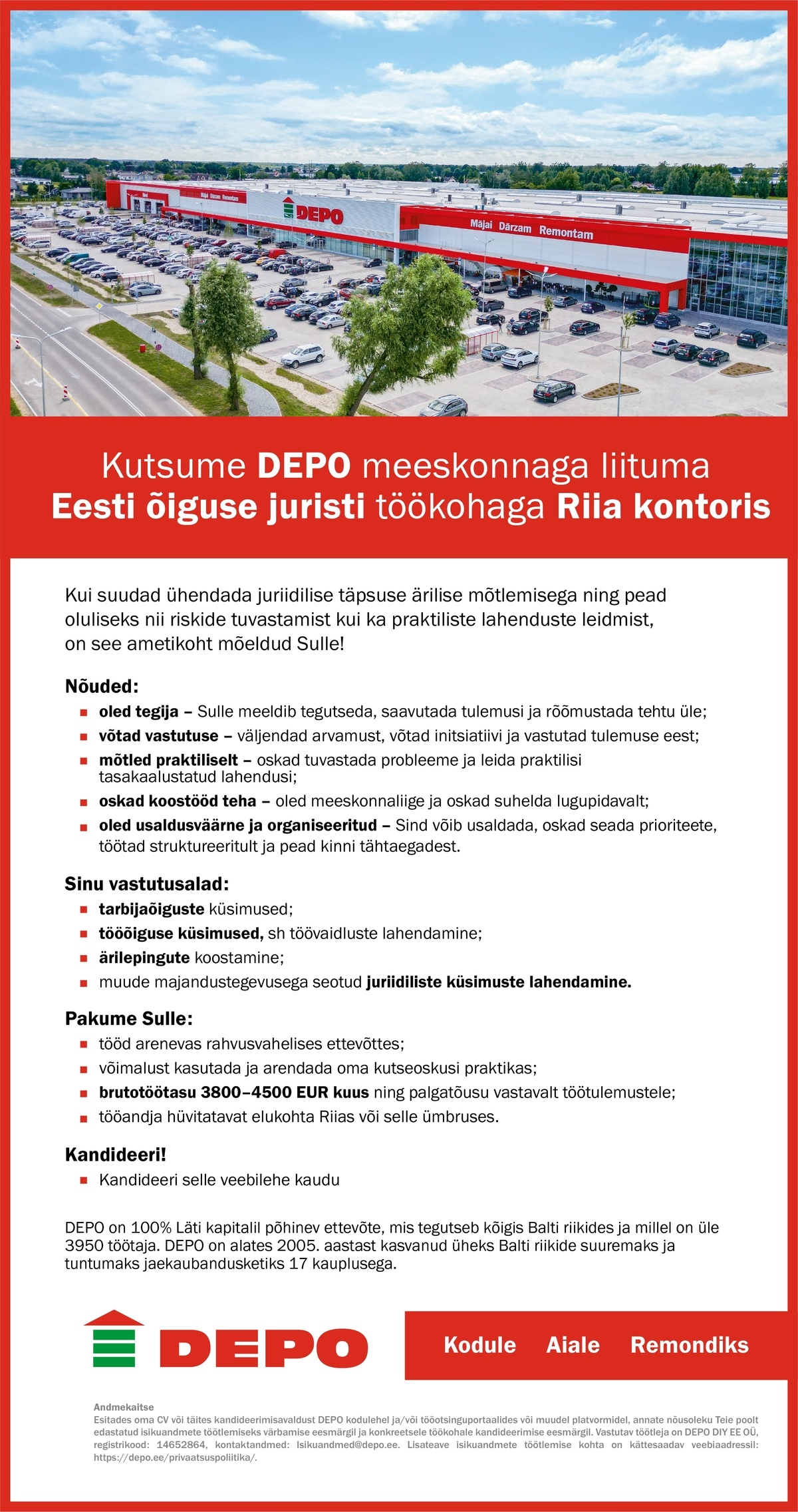 DEPO DIY EE OÜ Eesti õiguse jurist töökohaga Riia kontoris