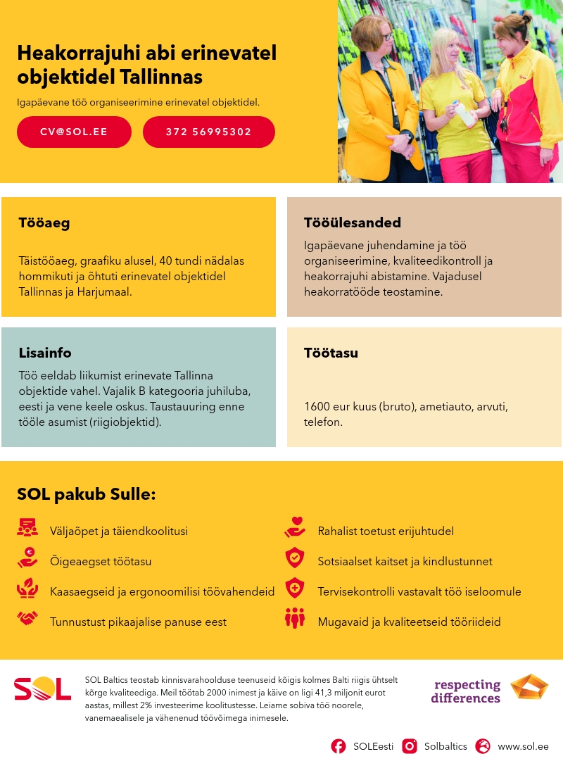 SOL Baltics OÜ Heakorrajuhi abi erinevatel objektidel Tallinnas