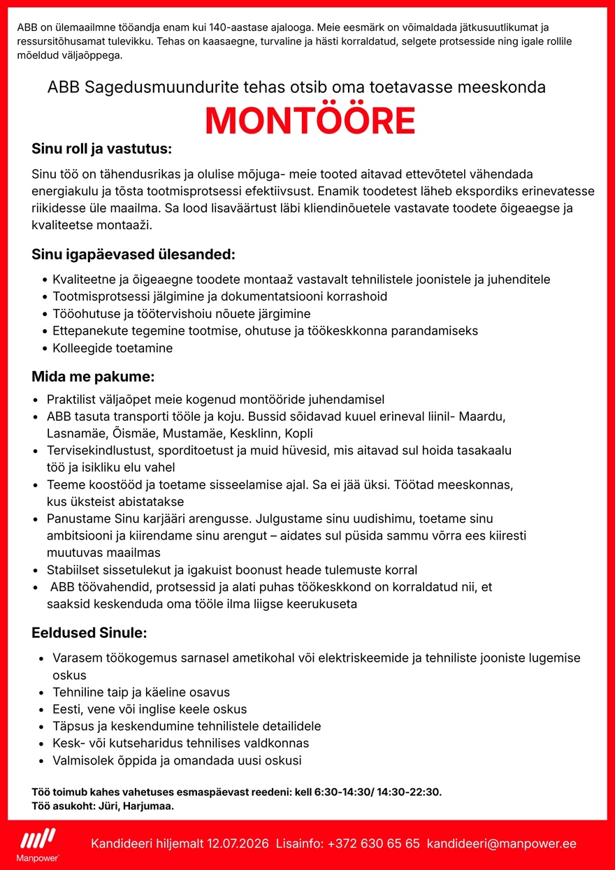 Manpower OÜ Montöör