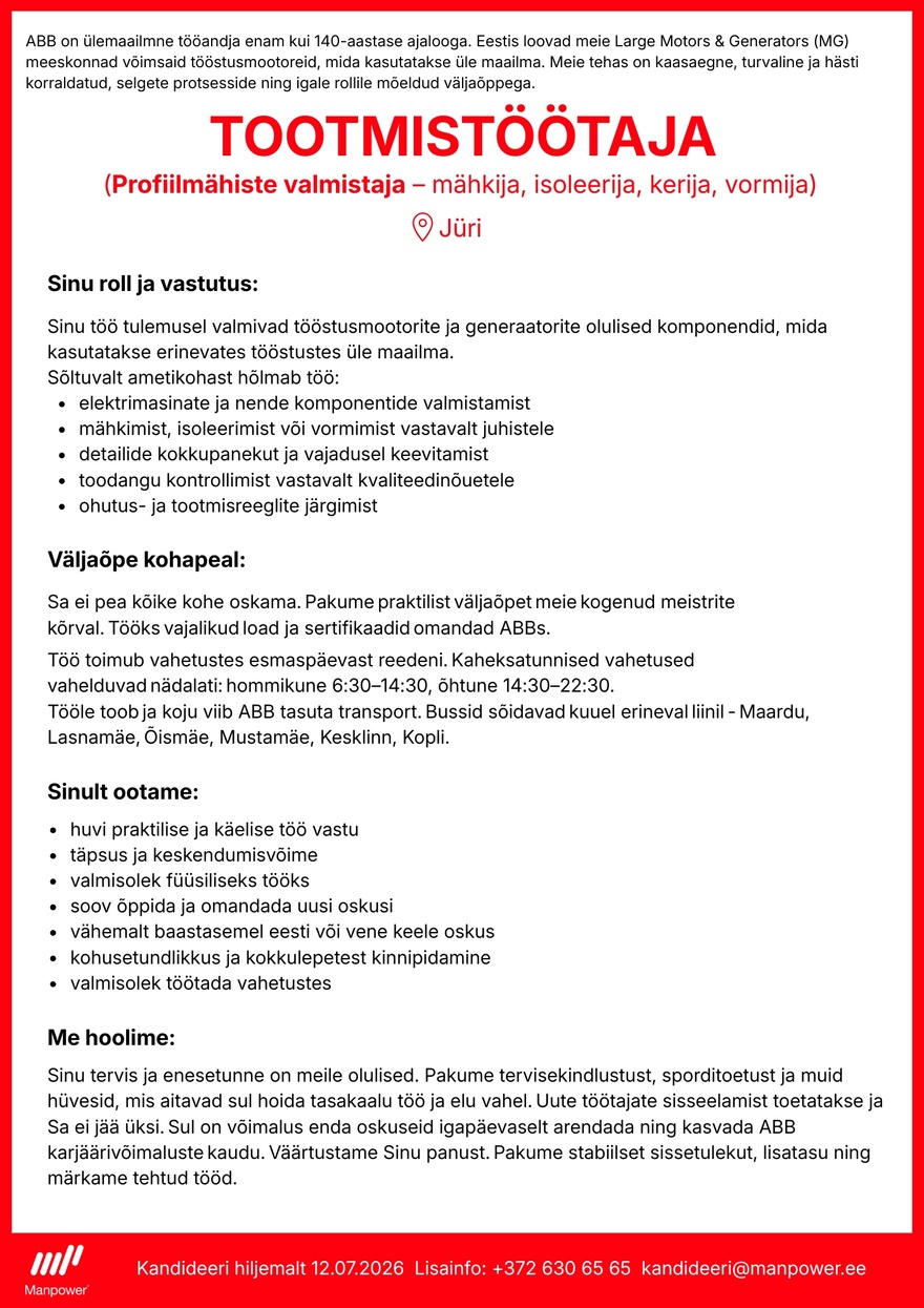 Manpower OÜ Tootmistöötaja