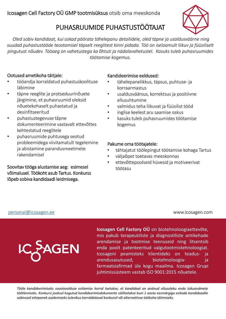 Icosagen Cell Factory OÜ PUHASRUUMIDE PUHASTUSTÖÖTAJA