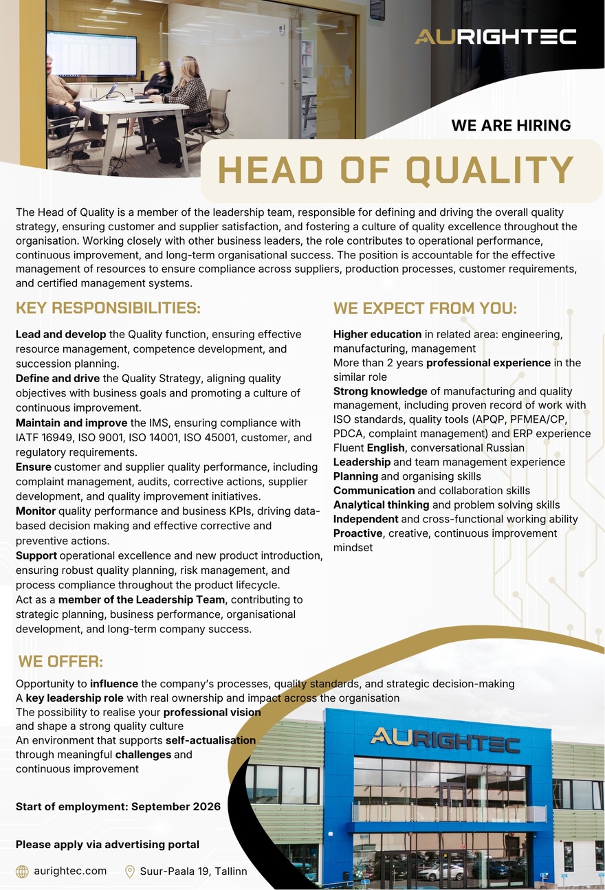 Aurightec Estonia AS Head of Quality
