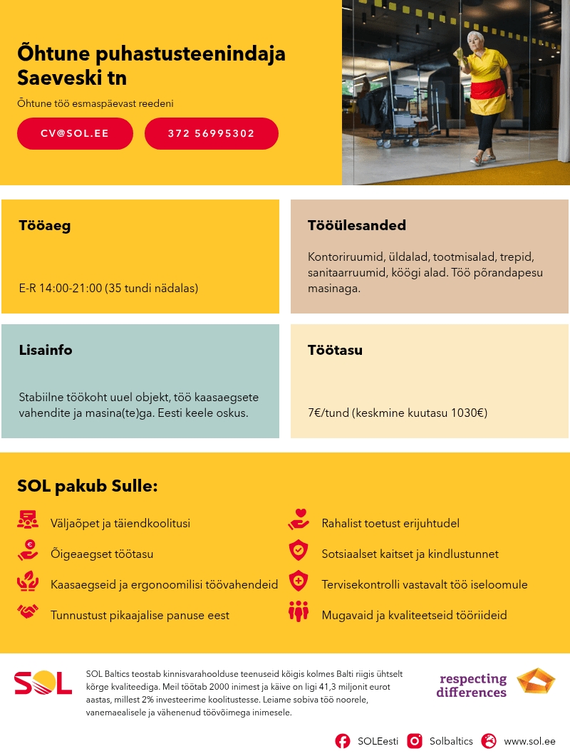SOL Baltics OÜ Õhtune puhastusteenindaja Saeveski tn