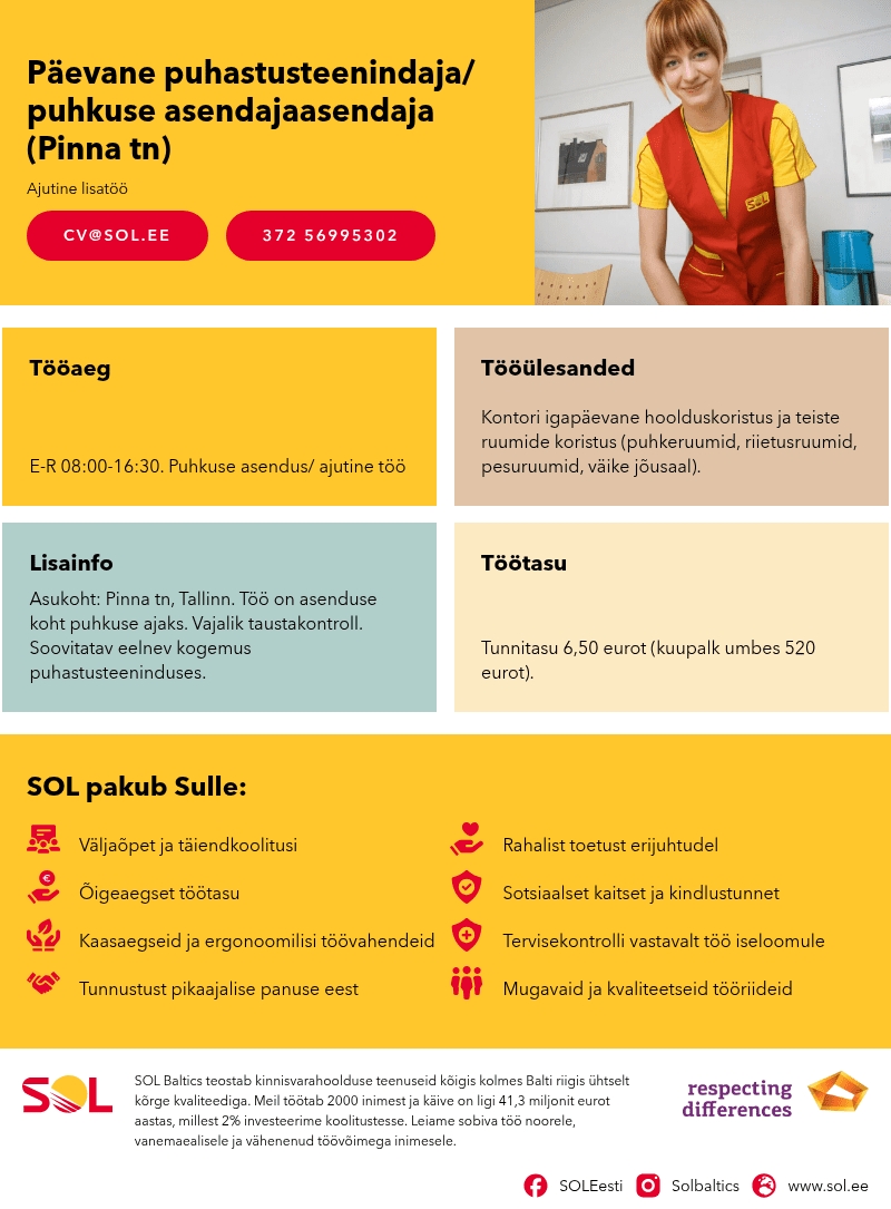 SOL Baltics OÜ Päevane puhastusteenindaja/ puhkuse asendajaasendaja (Pinna tn)
