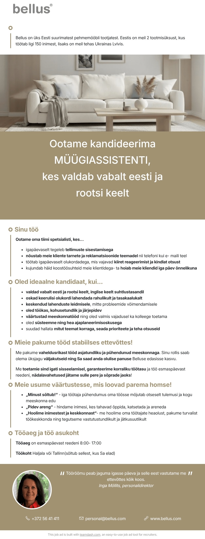 Bellus Furniture OÜ MÜÜGIASSISTENT rootsi keele oskusega