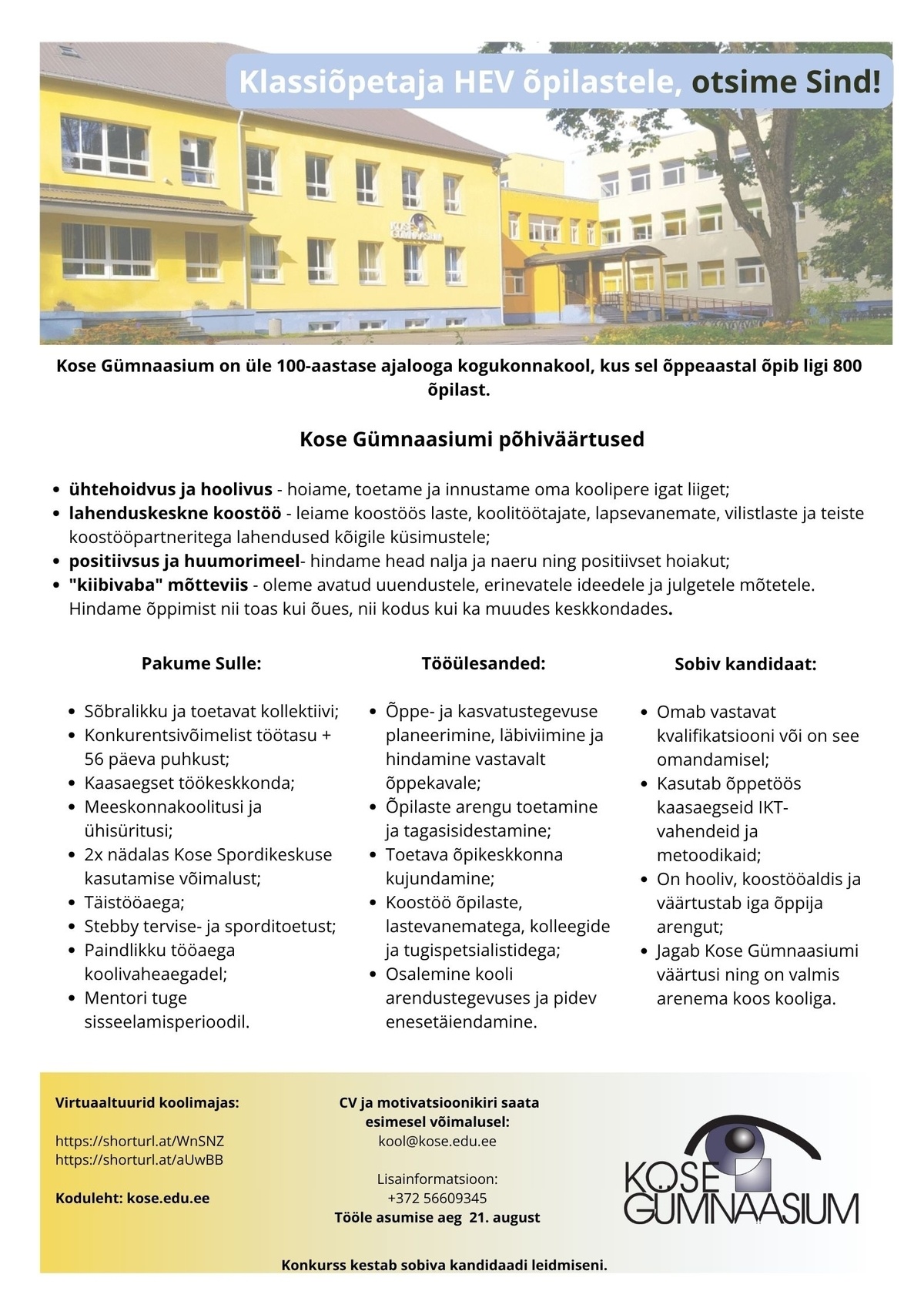 KOSE GÜMNAASIUM Klassiõpetaja HEV õpilastele