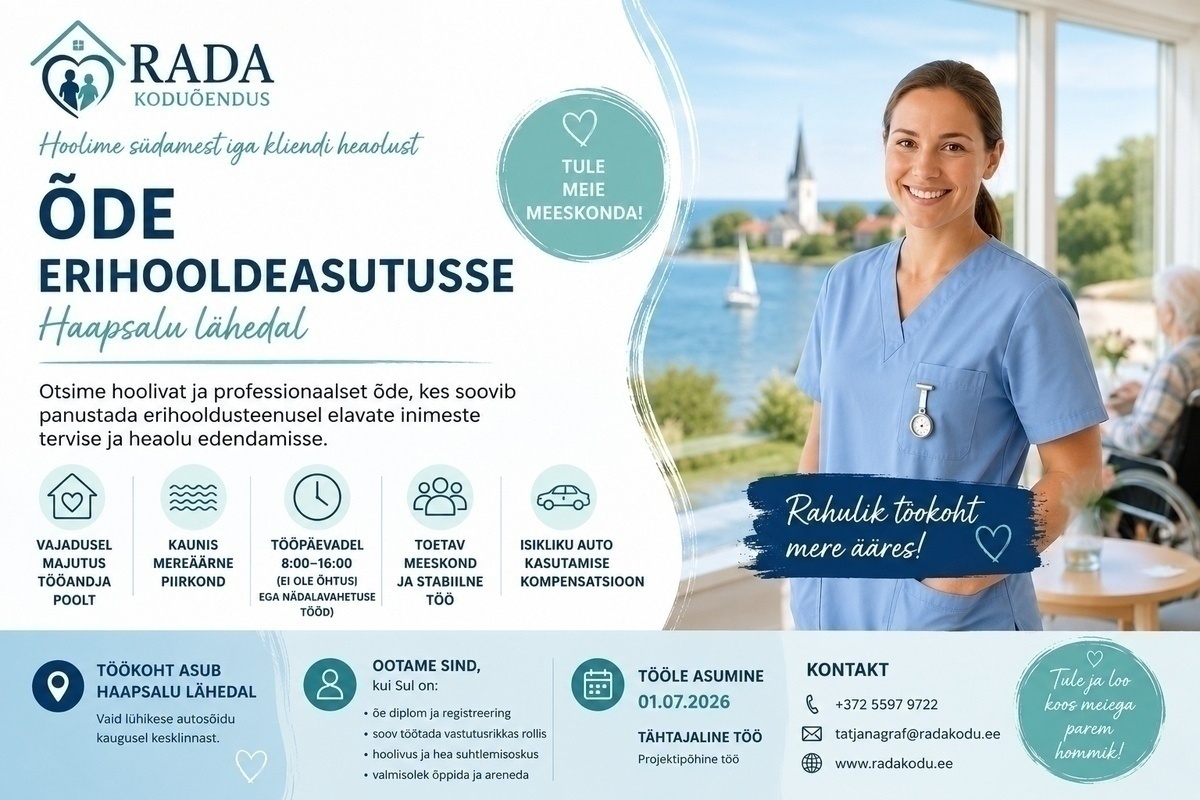 OÜ RADA Koduõendus Õde erihooldekodusse - Haapsalu lähedal, vajadusel pakume majutust!