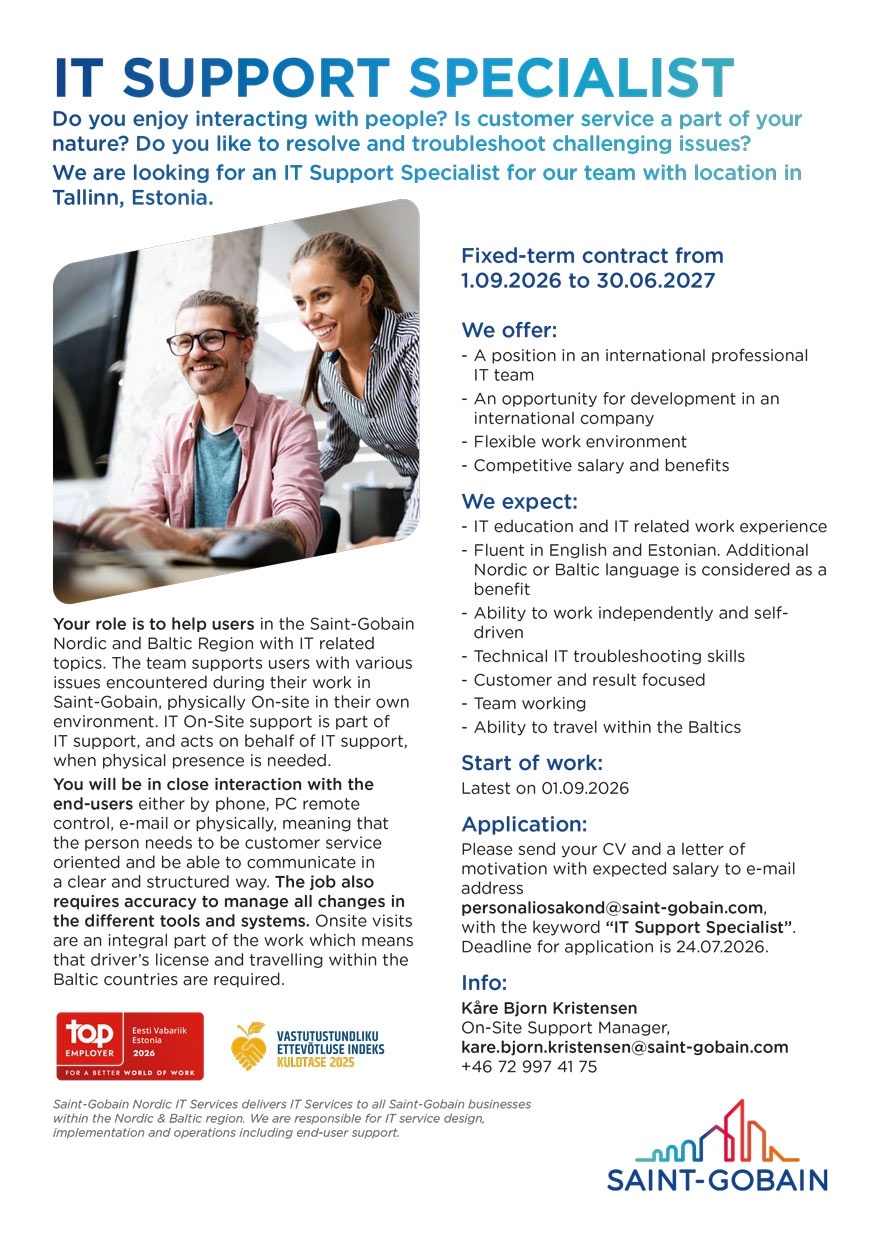 SAINT-GOBAIN GLASS ESTONIA SE IT SUPPORT SPECIALIST