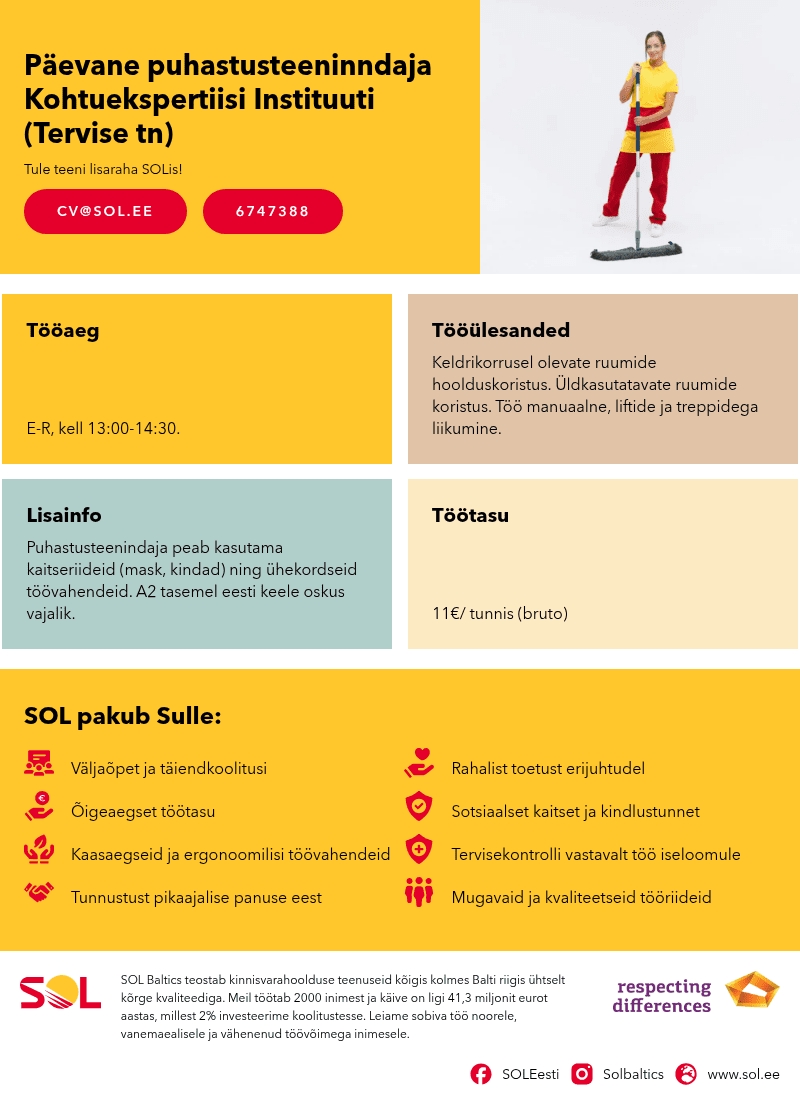 SOL Baltics OÜ Päevane puhastusteeninndaja Kohtuekspertiisi Instituuti (Tervise tn)