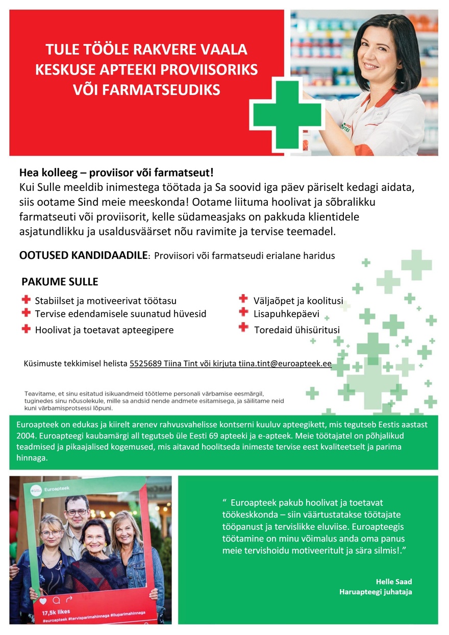 Euroapteek OÜ Rakvere Vaala Keskuse proviisor või farmatseut
