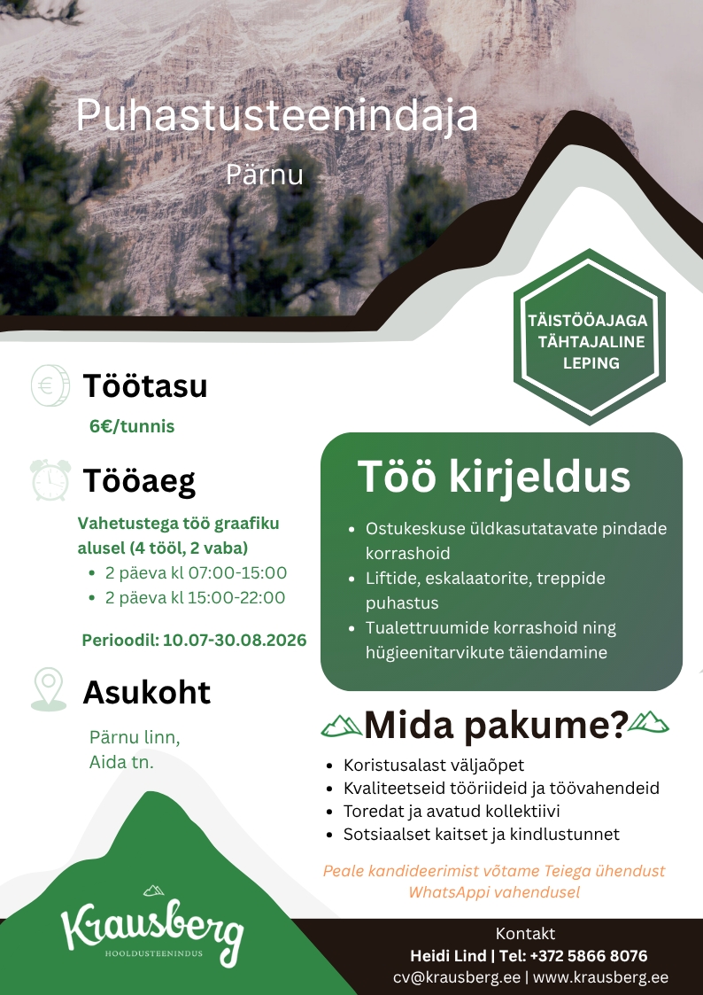 Krausberg Eesti OÜ Puhastusteenindaja Pärnu (graafiku alusel, puhkuse asendus)