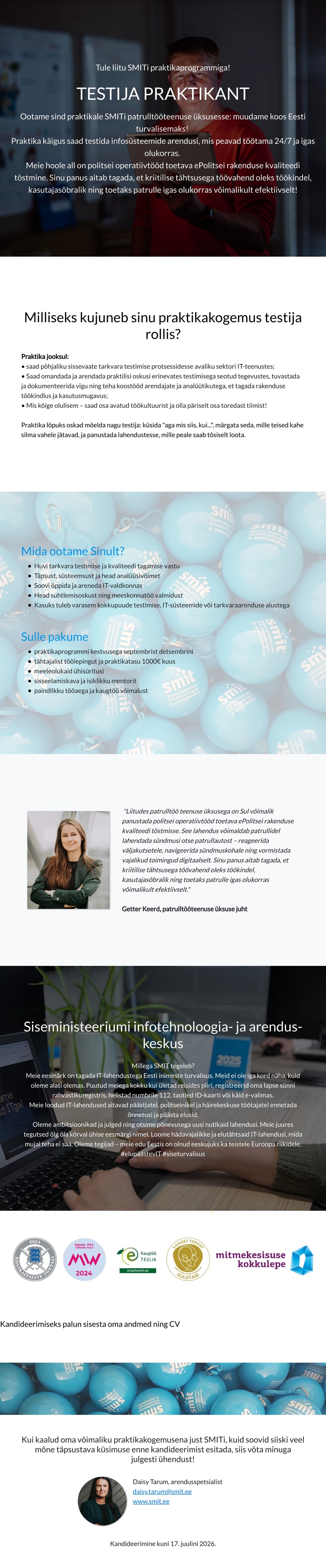 Siseministeeriumi infotehnoloogia- ja arenduskeskus Testija praktikant
