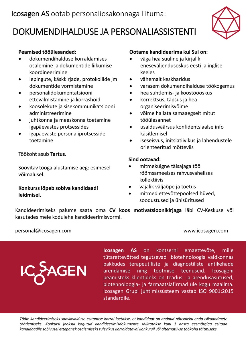 Icosagen AS DOKUMENDIHALDUSE JA PERSONALIASSISTENT