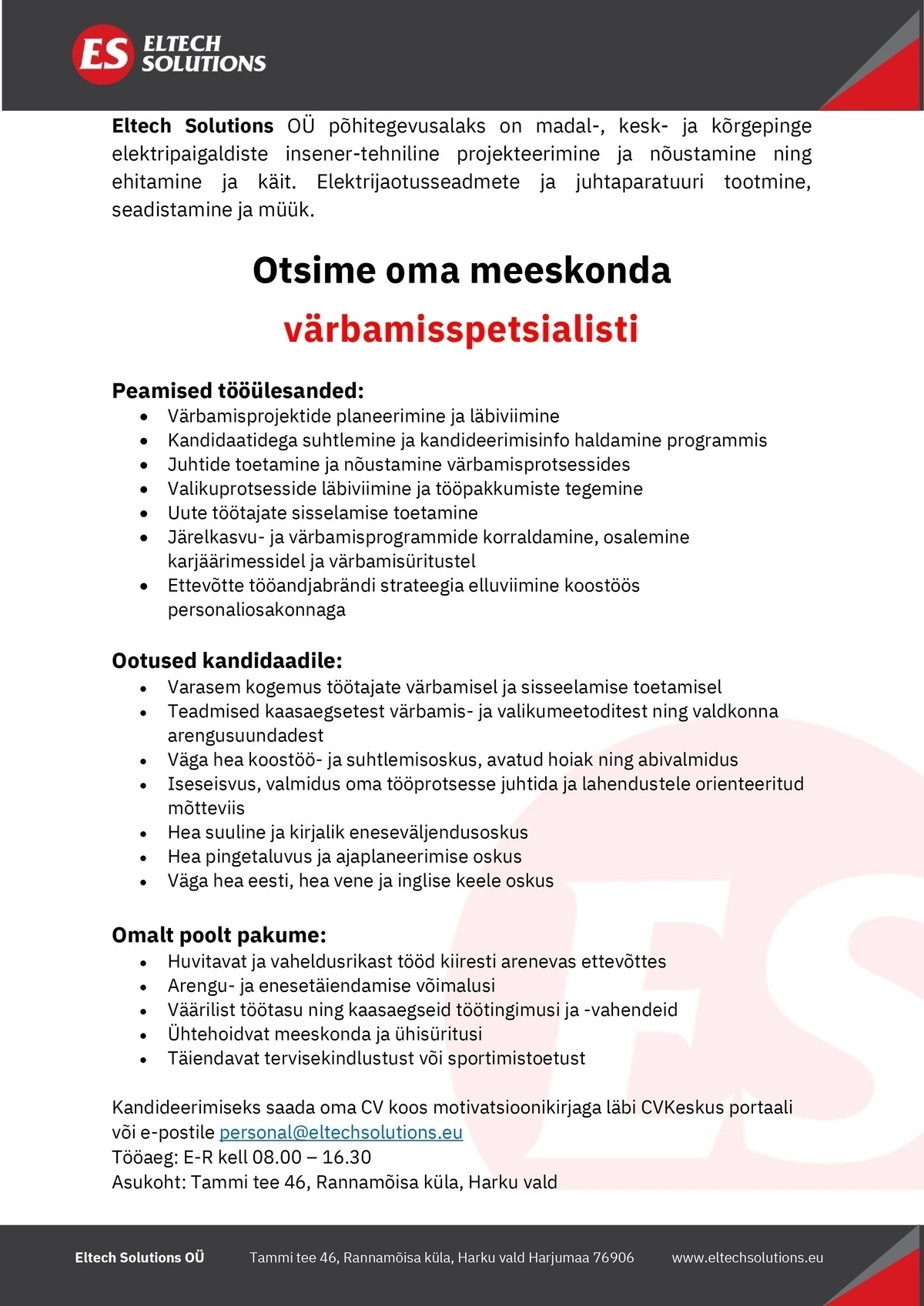 Eltech Solutions OÜ Värbamisspetsialist