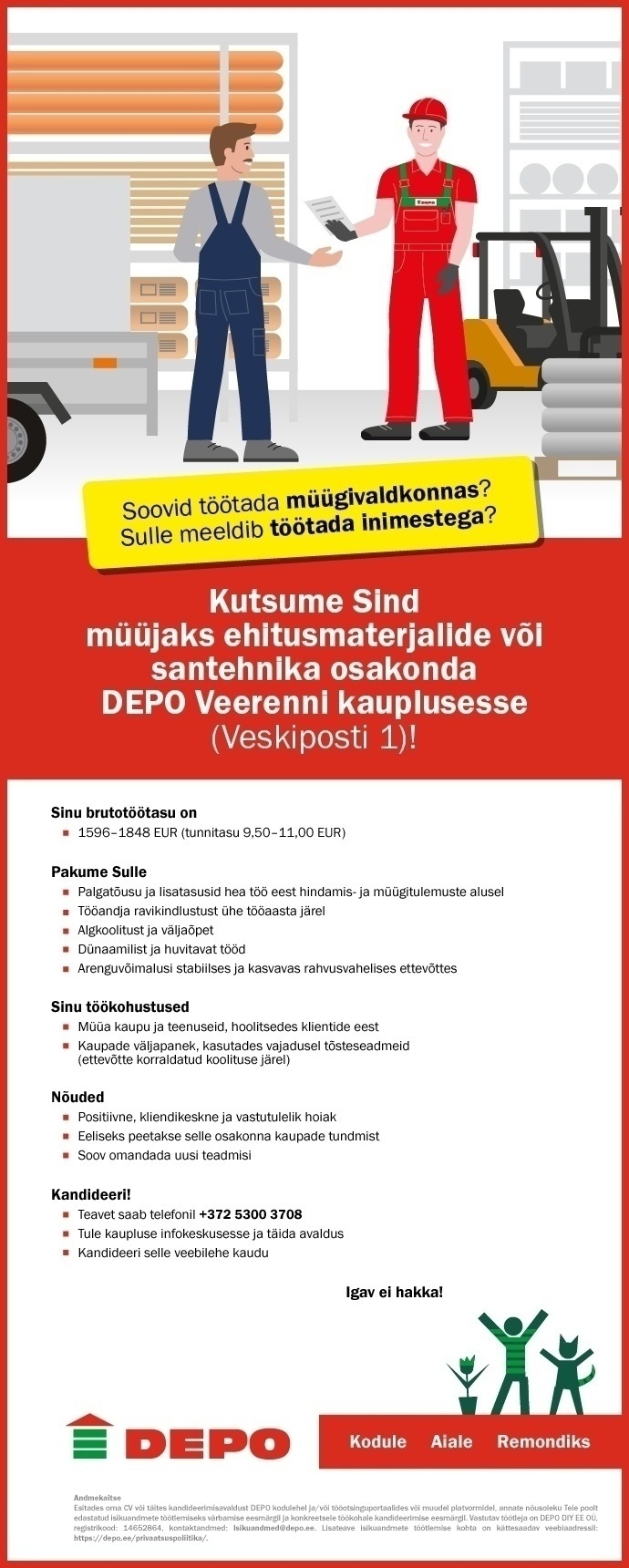 DEPO DIY EE OÜ Ehitusmaterjalide või santehnika osakonna müüja, Veerenni (Veskiposti 1)