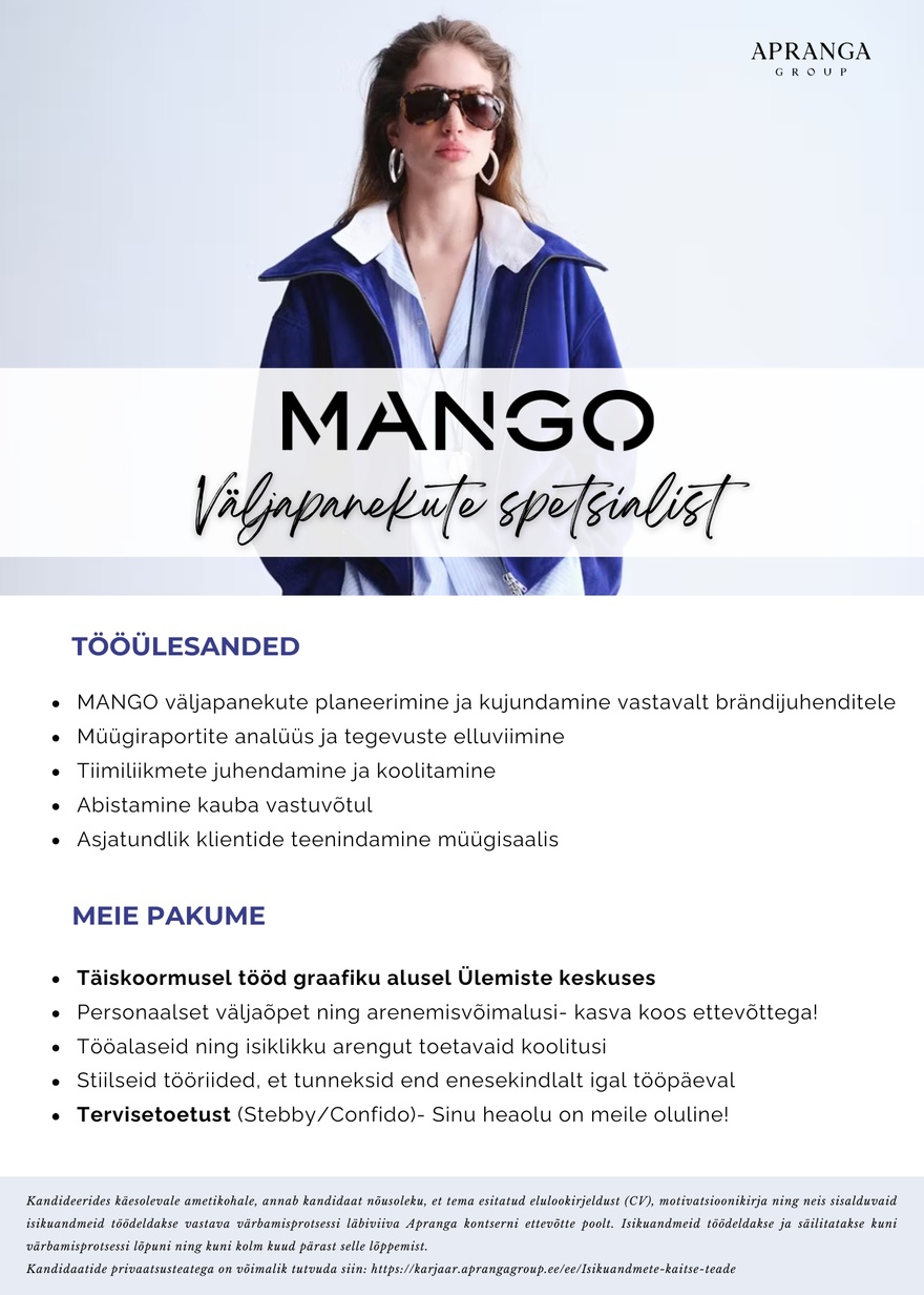 Apranga OÜ MANGO väljapanekute spetsialist