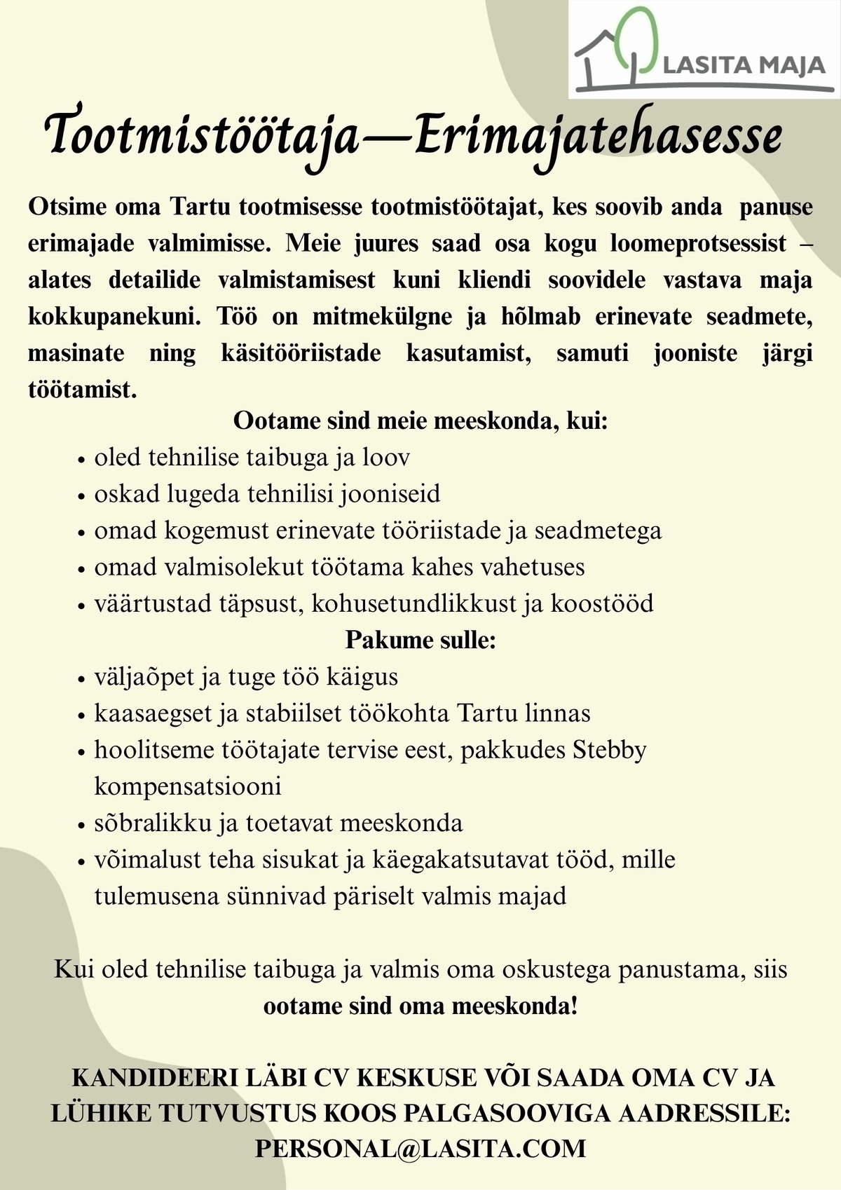 Lasita Maja OÜ Tootmistöötaja–Erimajatehasesse