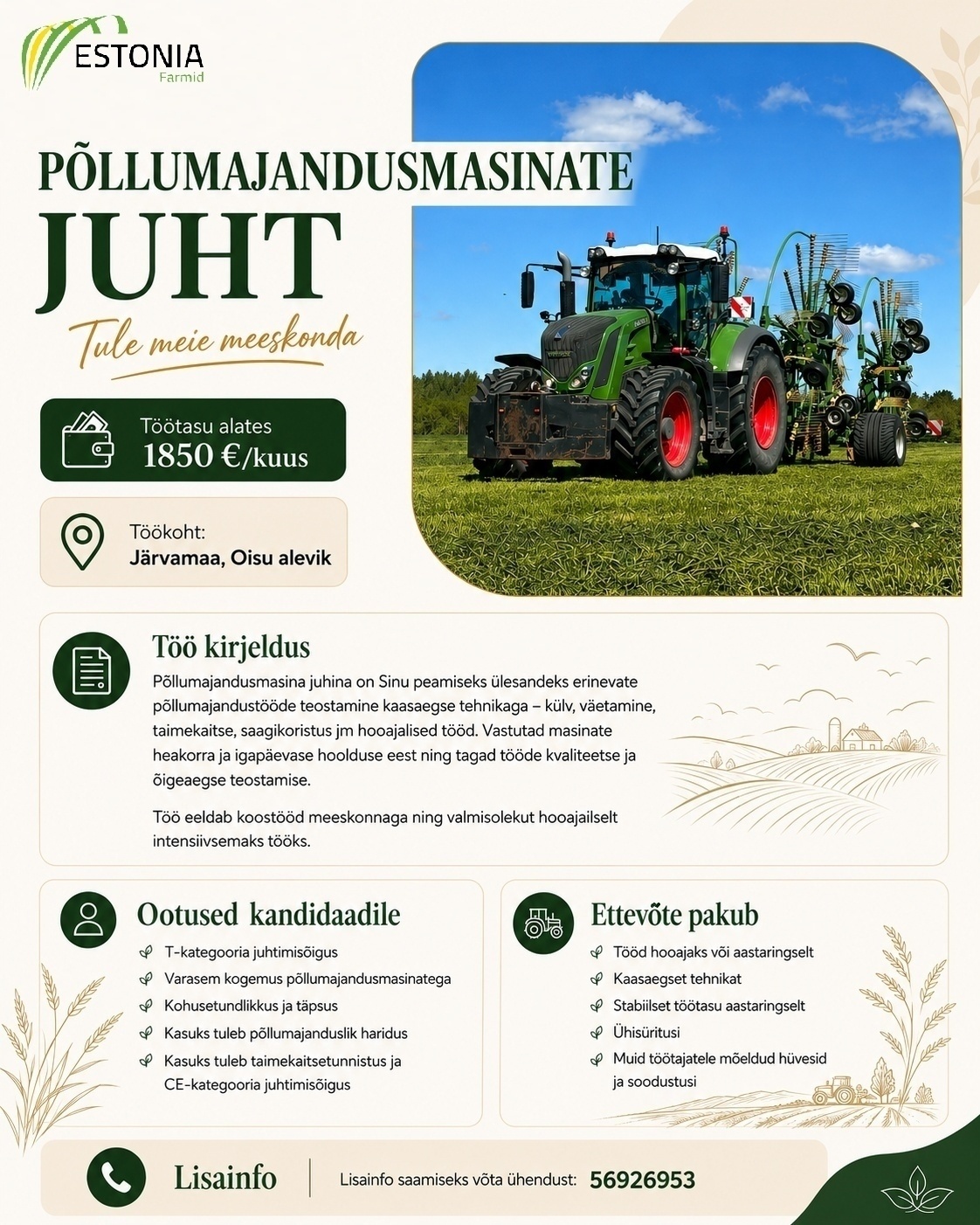 Osaühing ESTONIA Põllumajandusmasinate juht