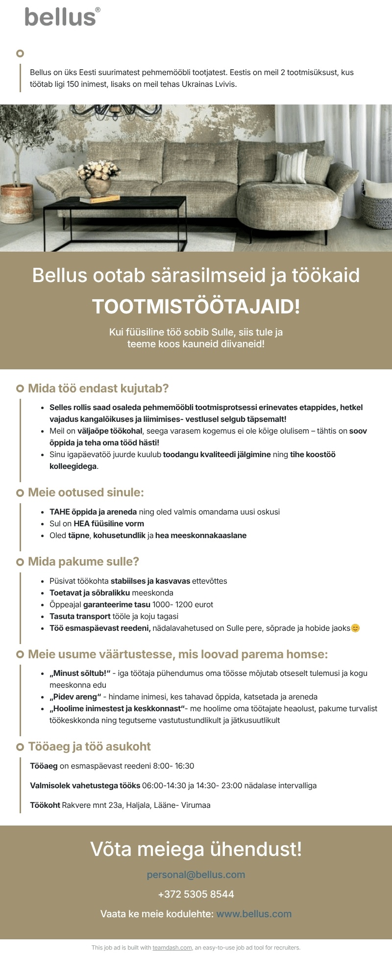 Bellus Furniture OÜ TOOTMISTÖÖTAJA