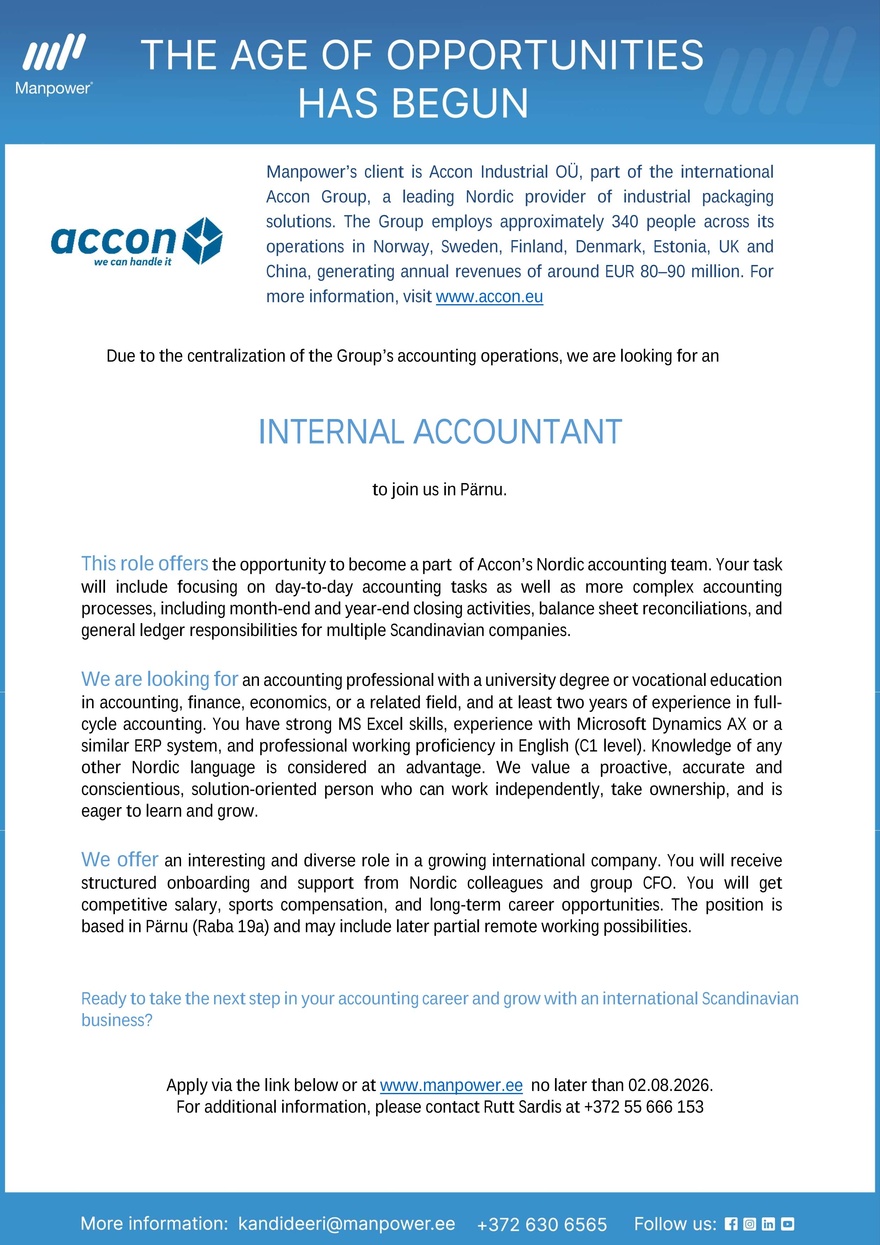Accon Industrial OÜ INTERNAL ACCOUNTANT
