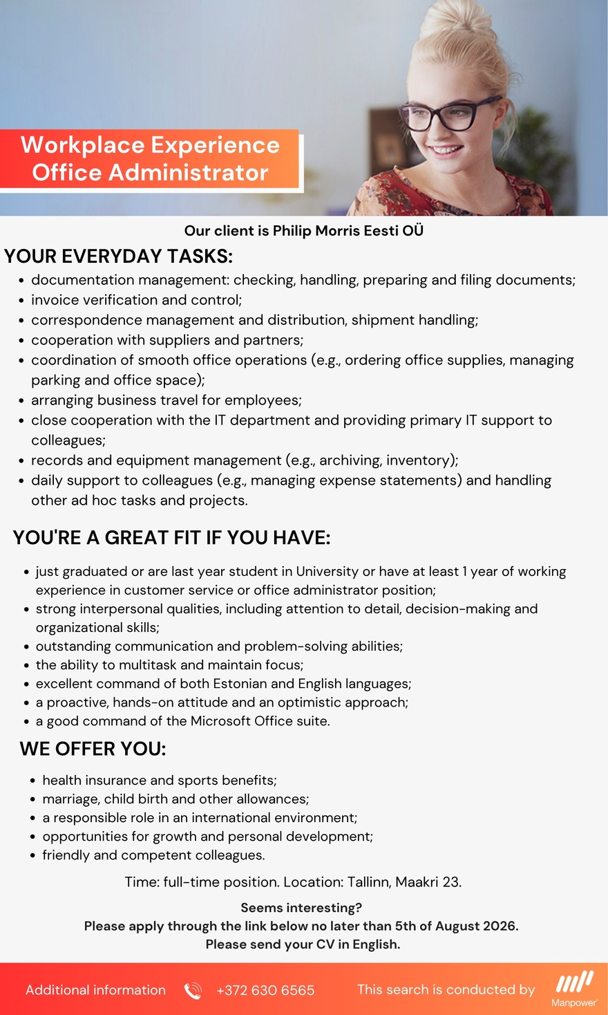 Manpower OÜ Workplace Experience Office Administrator