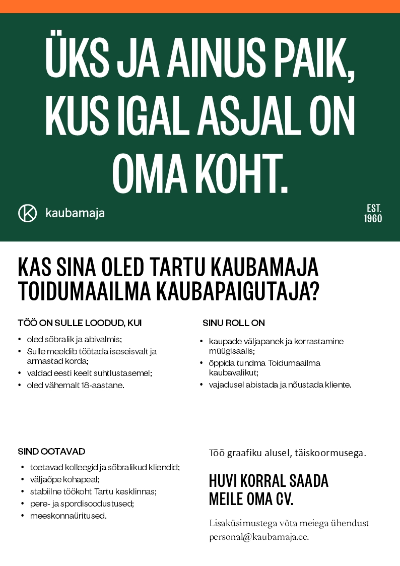 Kaubamaja Tartu Kaubamaja Toidumaailma kaubapaigutaja