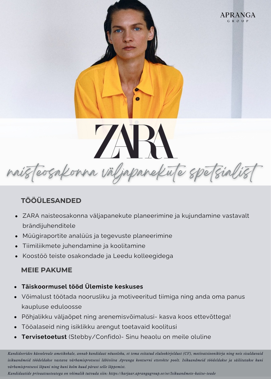 Apranga OÜ ZARA naisteosakonna väljapanekute spetsialist