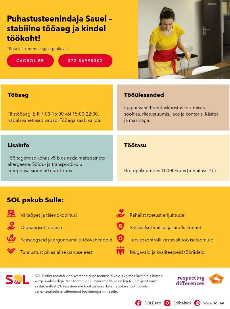 SOL Baltics OÜ Puhastusteenindaja Sauel - stabiilne tööaeg ja kindel töökoht!