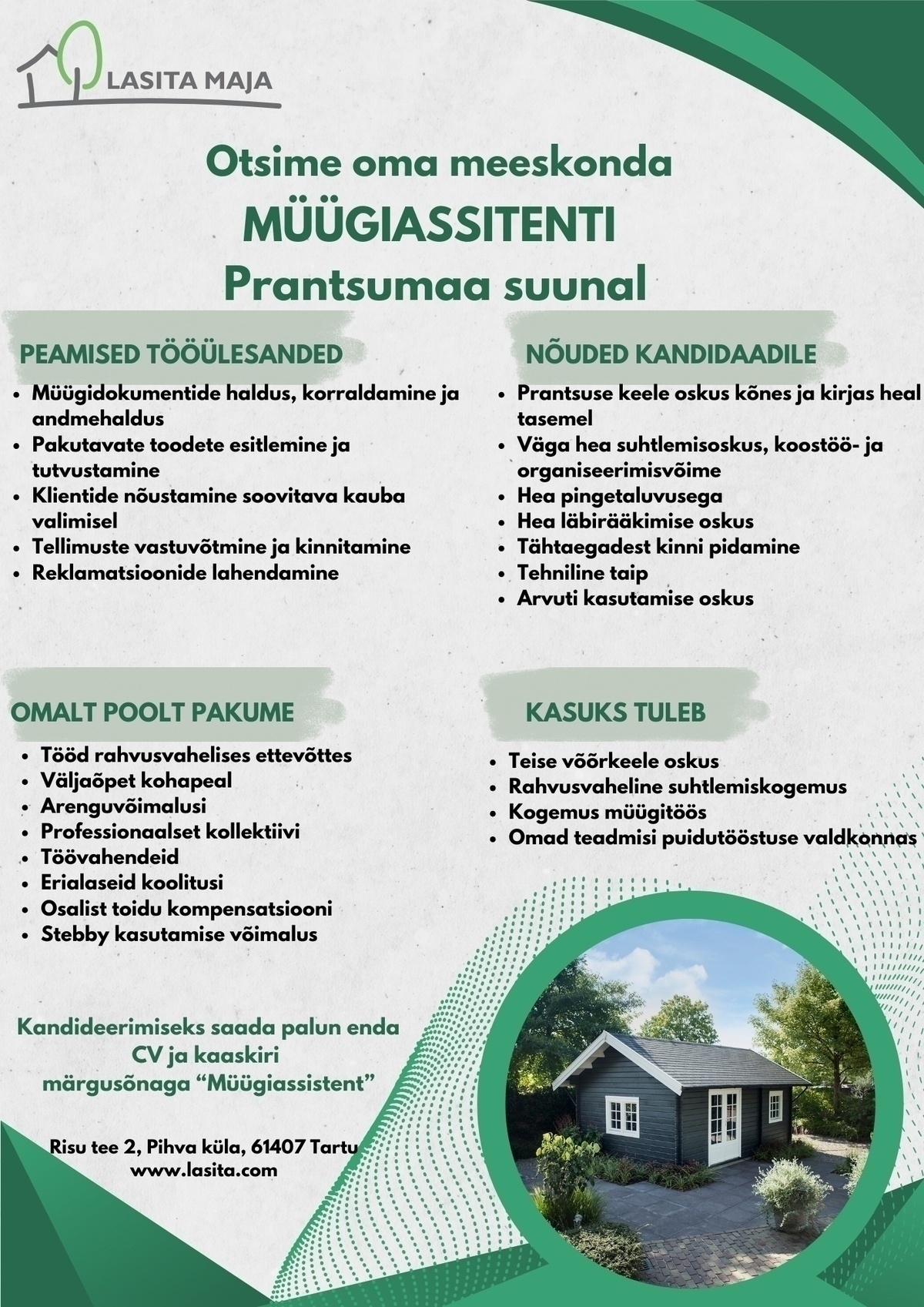 Lasita Maja OÜ Müügiassistent Prantsumaa suunal