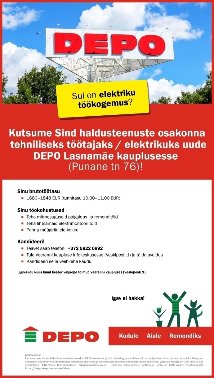 DEPO DIY EE OÜ Haldusteenuste osakonna tehniline töötaja / elektrik Lasnamäe (Punane tn 76)