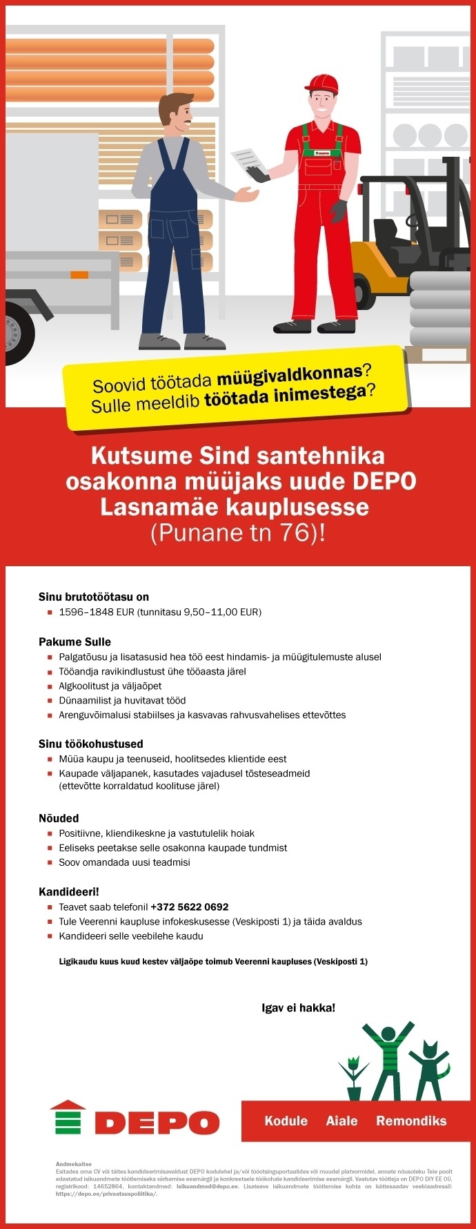 DEPO DIY EE OÜ Santehnika osakonna müüja, Lasnamäe (Punane tn 76)