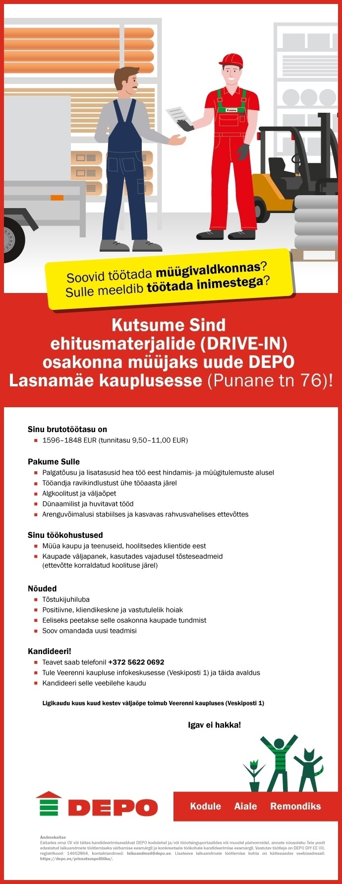 DEPO DIY EE OÜ Ehitusmaterjalide (DRIVE-IN) osakonna müüja, Lasnamäe (Punane tn 76)