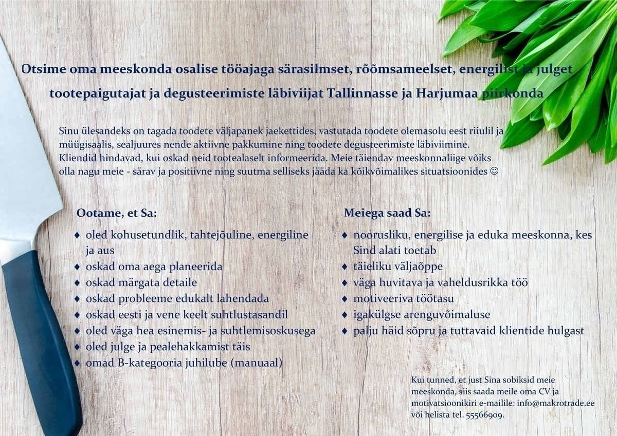 Makro Trade Baltic OÜ Tootepaigutaja-degusteerija Tallinna ja Harjumaa piirkonda