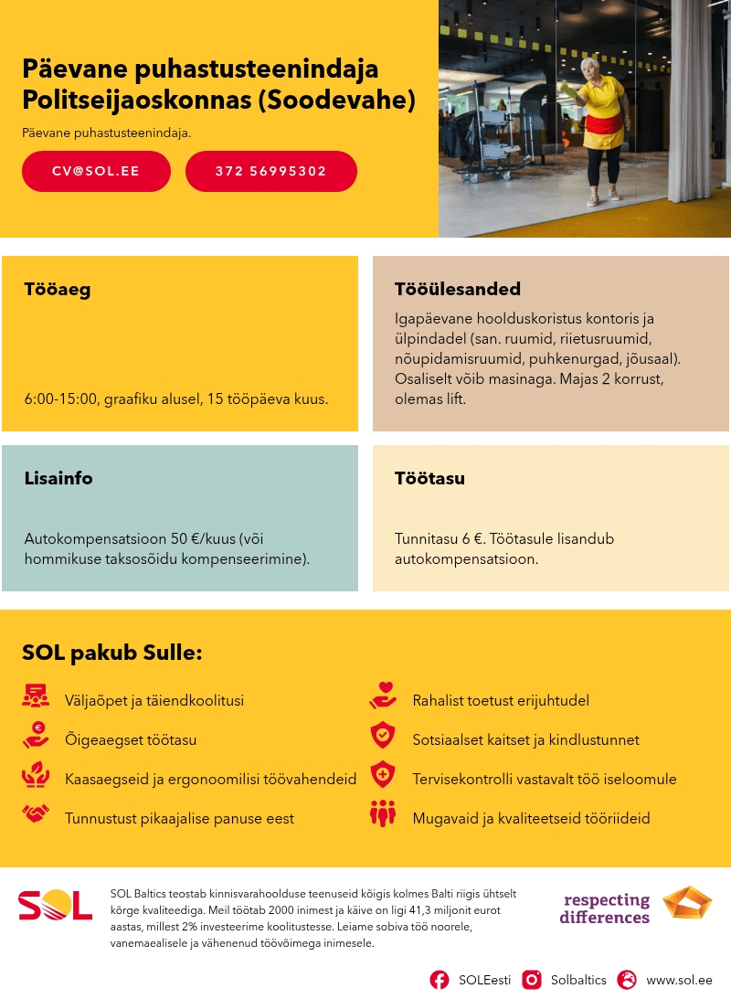 SOL Baltics OÜ Päevane puhastusteenindaja Politseijaoskonnas (Soodevahe)