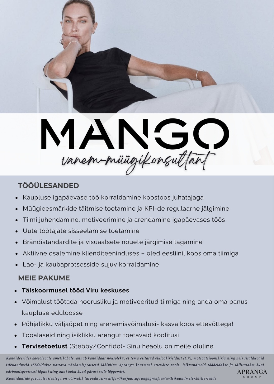 Apranga OÜ MANGO Viru vanem-müügikonsultant
