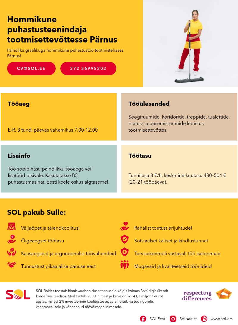SOL Baltics OÜ Hommikune puhastusteenindaja tootmisettevõttesse Pärnus