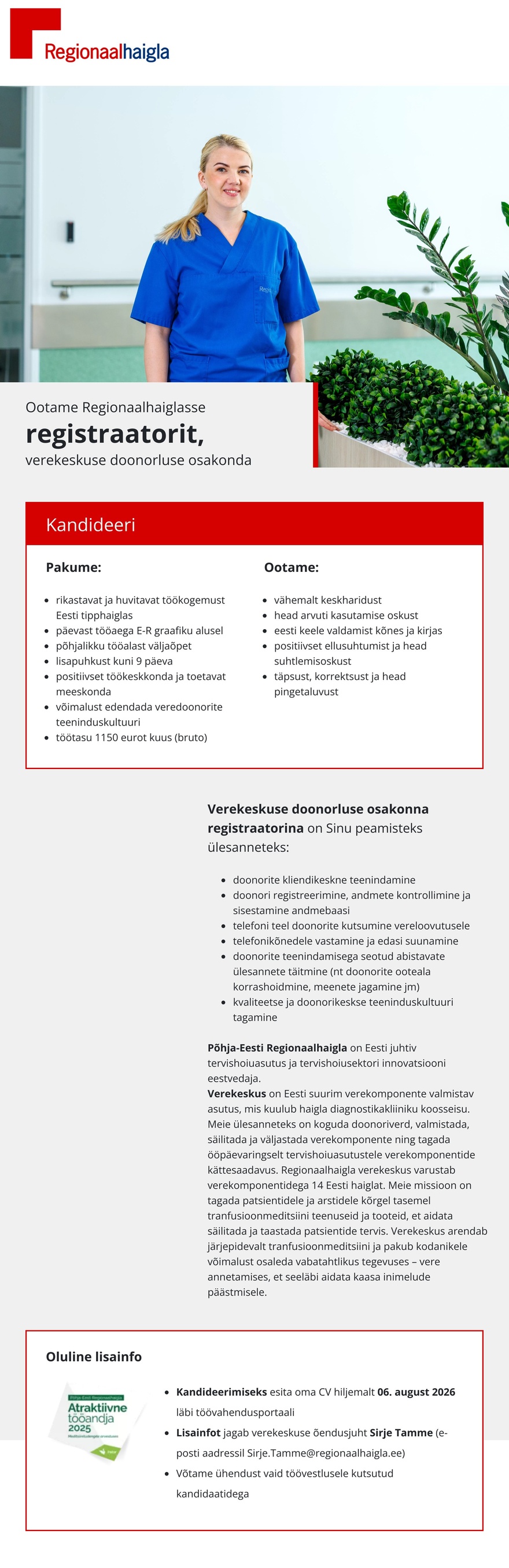 Põhja-Eesti Regionaalhaigla Registraator verekeskuse doonorluse osakonda