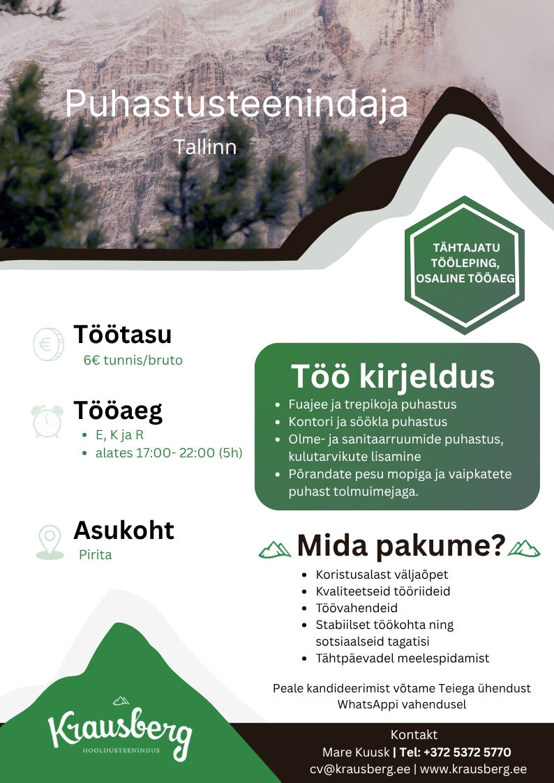 Krausberg Eesti OÜ Puhastusteenindaja Pirital, kontor (osaline tööaeg, õhtune)