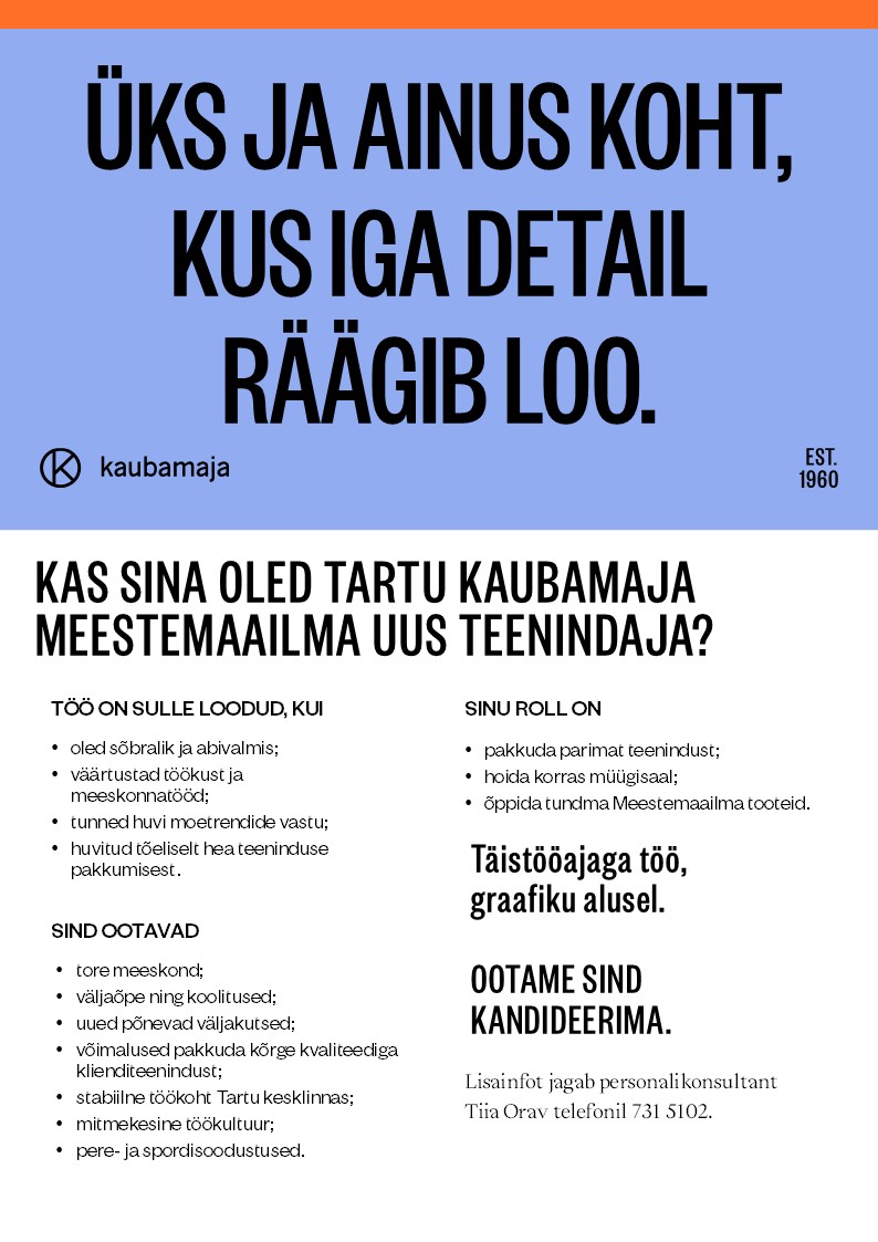Kaubamaja Meestemaailma teenindaja Tartu Kaubamajas